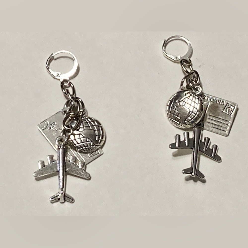 TRAVEL CHARM SILVER TONE DANGLE EARRINGS, AIRPLANE, GLOBE, PASSPORT